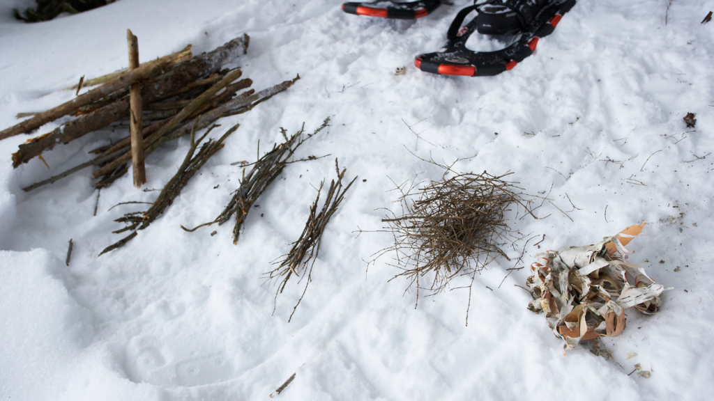 Fire starter materials on snow. 