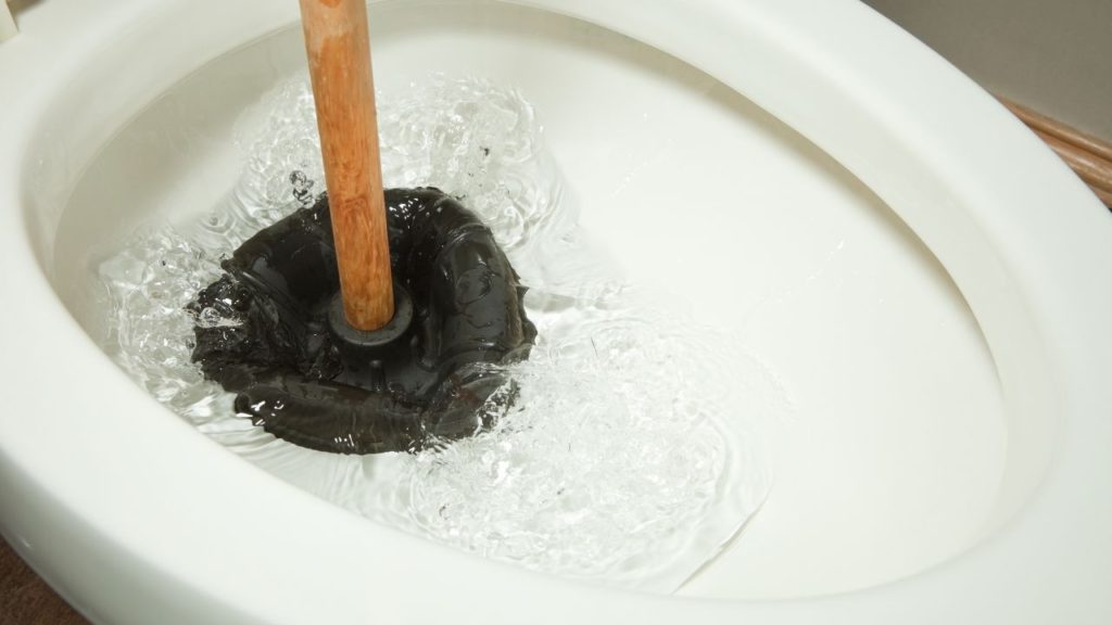 A plunger in the toilet bowl
