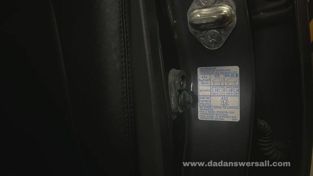 Photo showing the tire pressure sticker in the driver's door