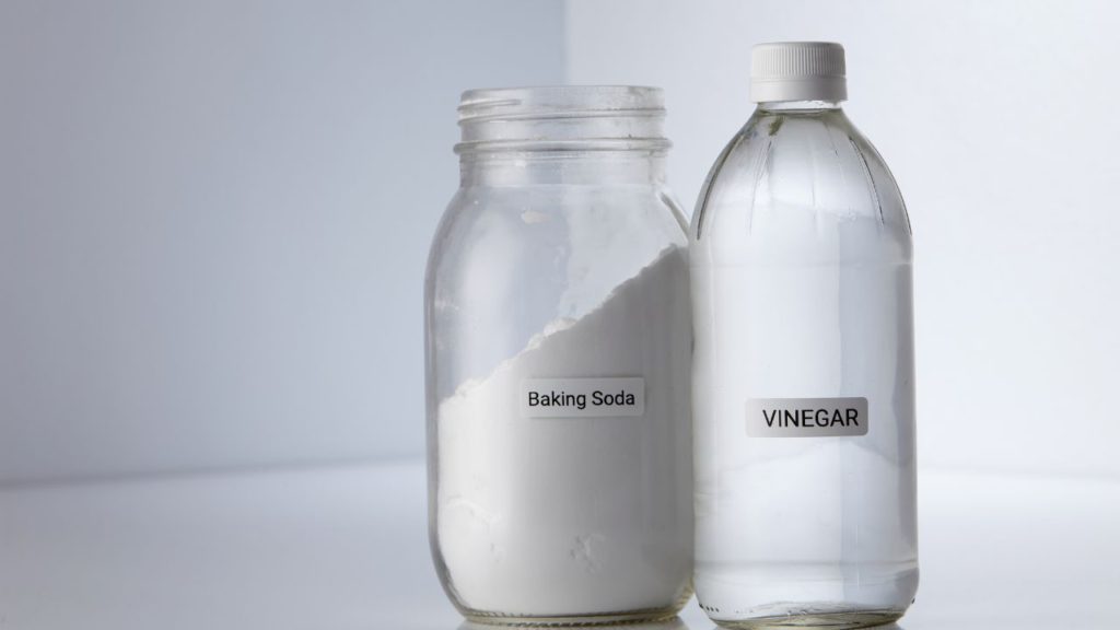 A bottle of vinegar and a container of baking soda.