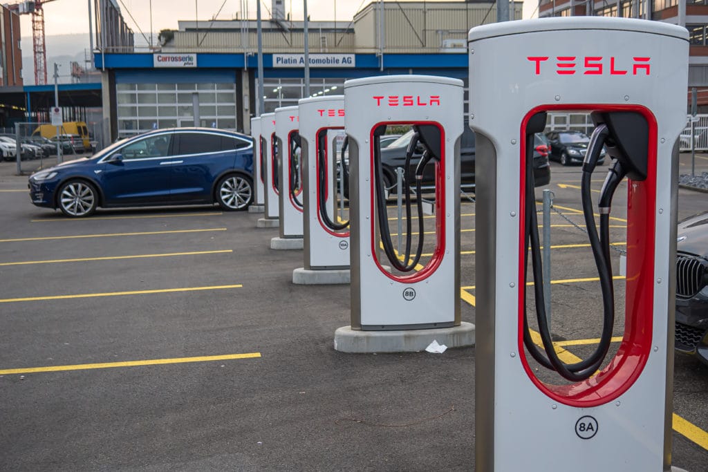 Dietikon, Switzerland - November 24, 2020: Tesla's fast charging stations for electric cars in Dietikon