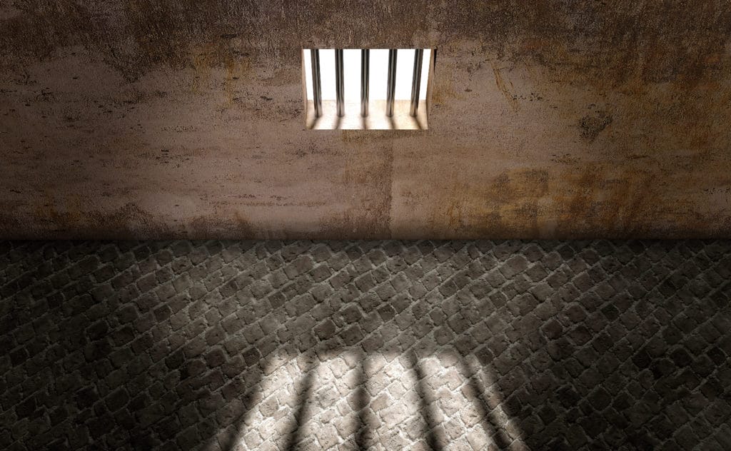 Prison cell, inside a prison cell. Window of a penitentiary. Shadows projected on the ground. Prison sentence, window bars. Detainees and surveillance. 3d render
