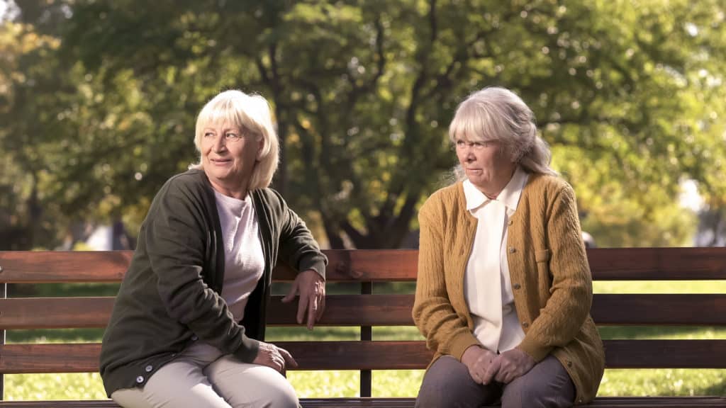 Two,grumpy,old,ladies,judging,passerby,people,,sitting,on,bench