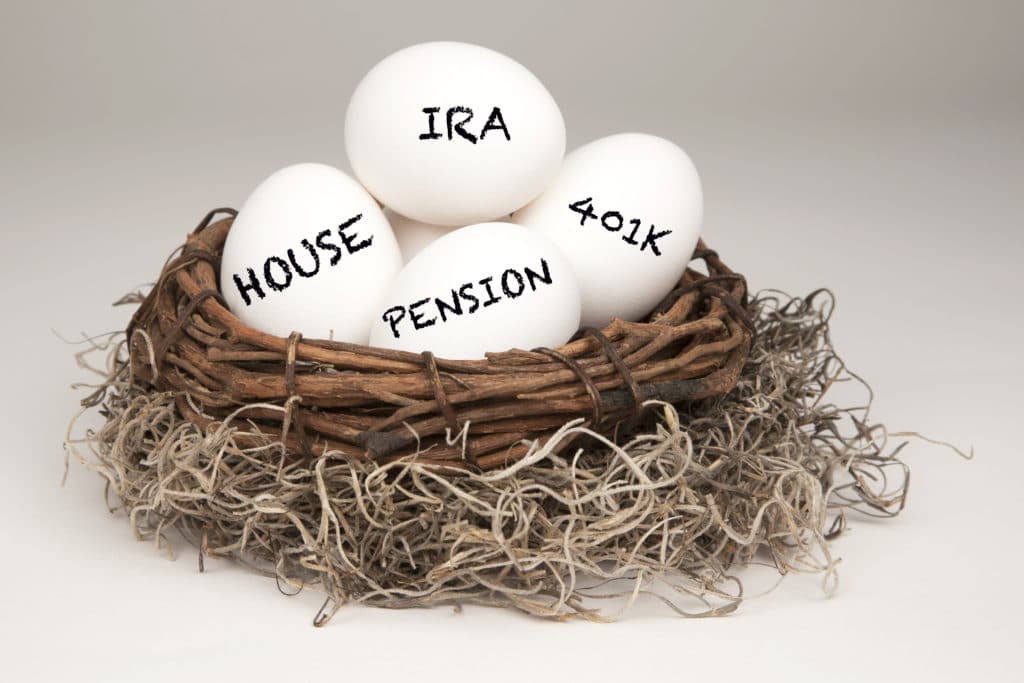 White,eggs,in,a,brown,nest,labeled,with,ira,,pension,