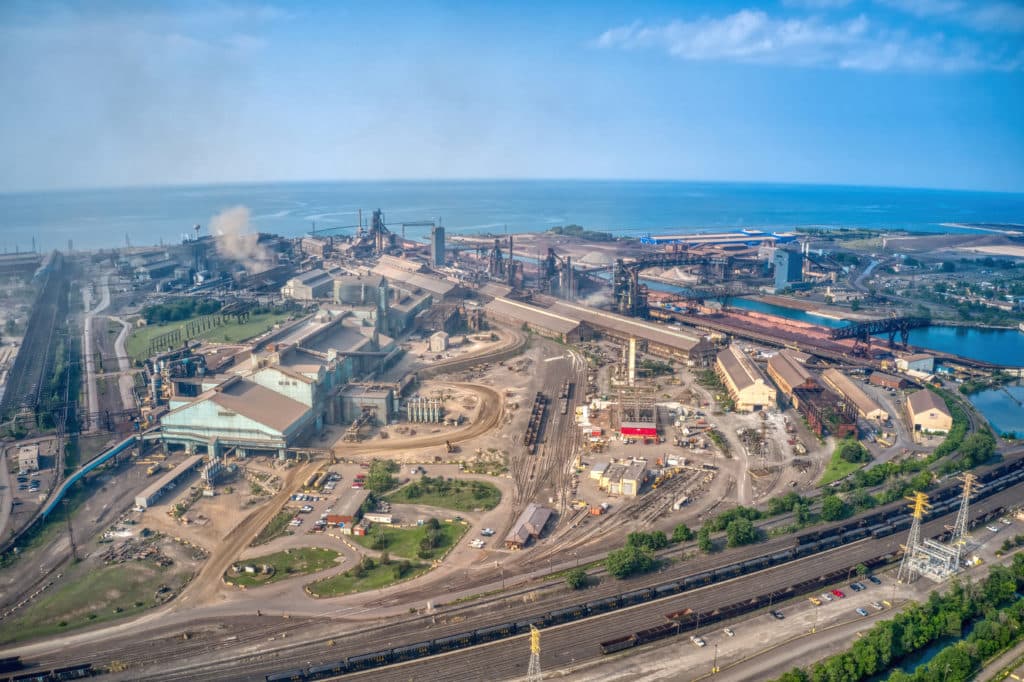 Aerial,view,of,downtown,gary,,indiana,and,its,steel,mill.