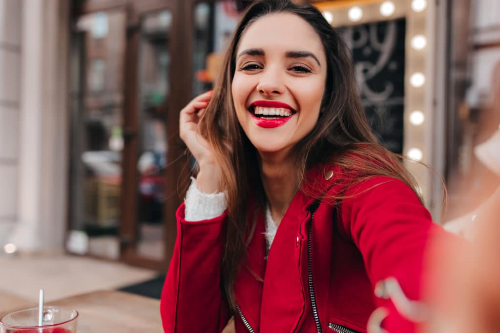 Close Up Portrait Of Girl With Gorgeous Smile Making Selfie In