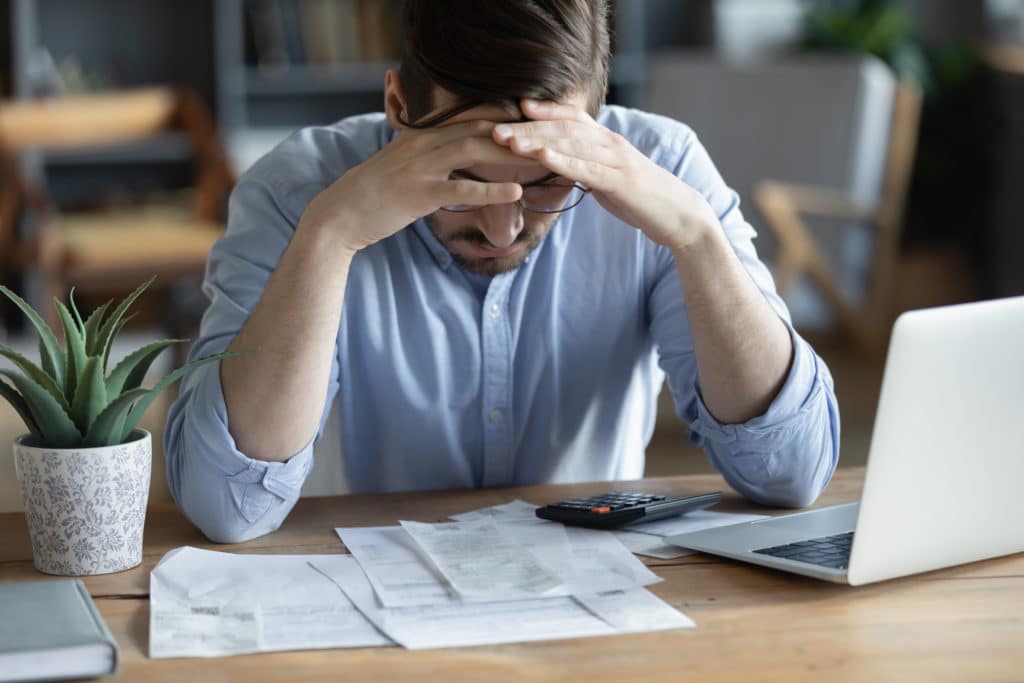 Sad Depressed Man Checking Bills Anxiety About Debt Or Bankruptcy 