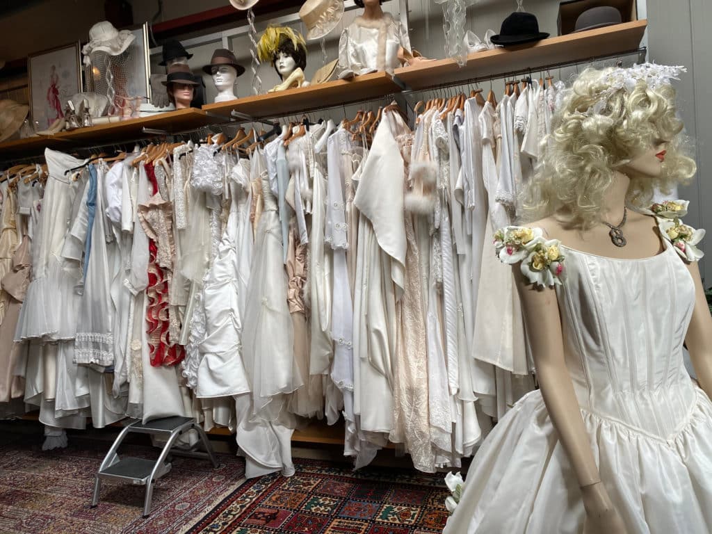Vintage Wedding Dresses In Thrift Shop With Mannequin
