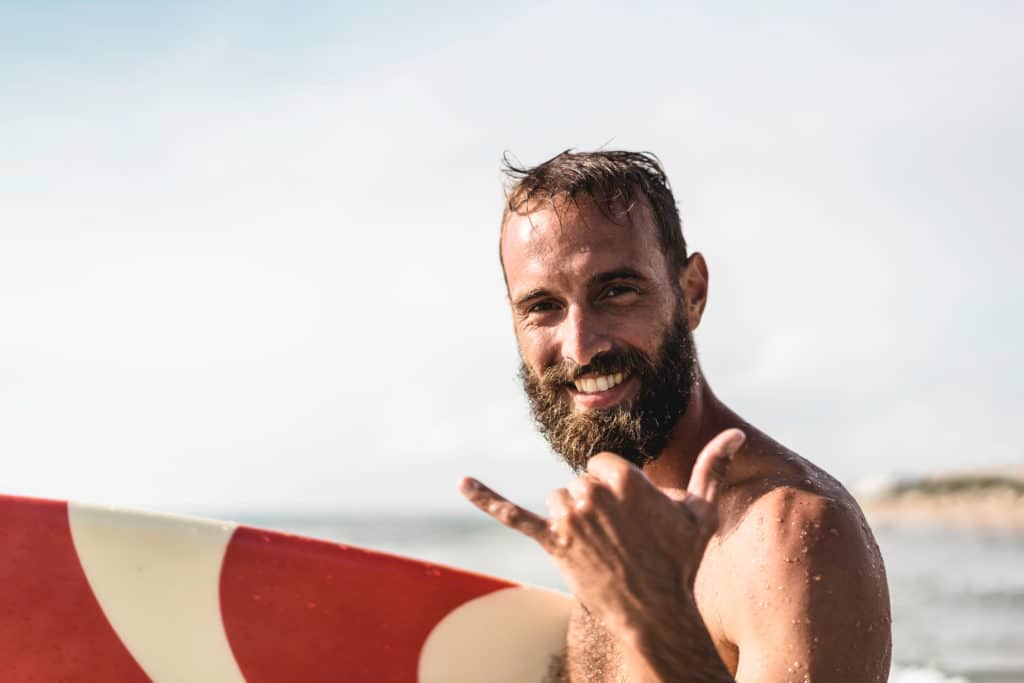 Surfer Happy With Surf Surfing Smiling Doing Hawaiian Shaka Hand