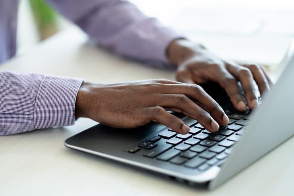 Office Work. Business Man. Computer Technology. Unrecognizable Male Hands Fast