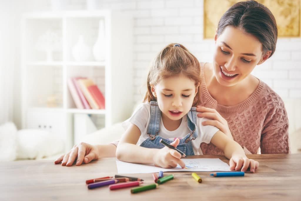 Happy Family. Mother And Daughter Together Paint. Adult Woman Helps