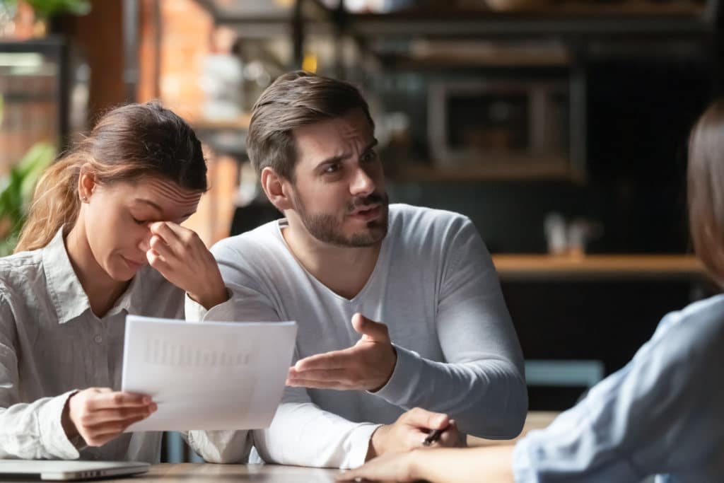 Angry Young Couple Complaining Bad Contract Terms Outraged Man Arguing