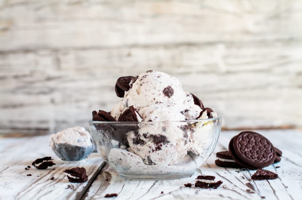 Clear Glass Bowl Of Cookies And Cream Ice Cream. Selective