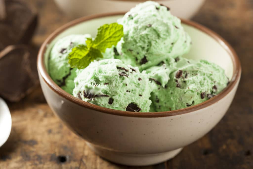 Organic Green Mint Chocolate Chip Ice Cream With A Spoon