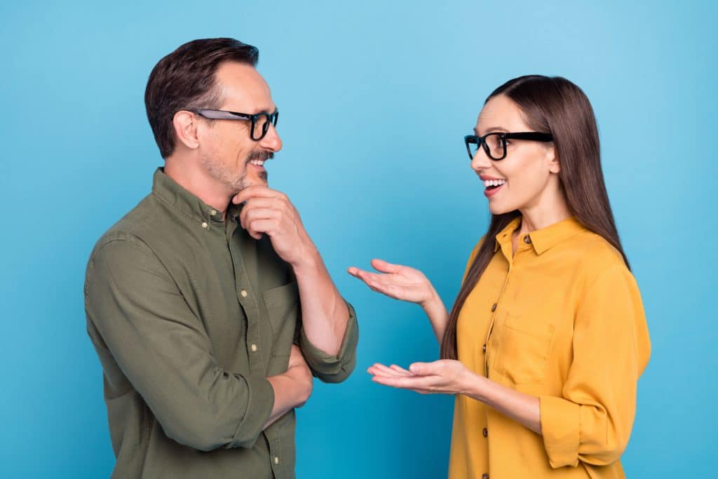 Photo Of Cheerful Happy People Partners Talk Smile Conversation Glasses