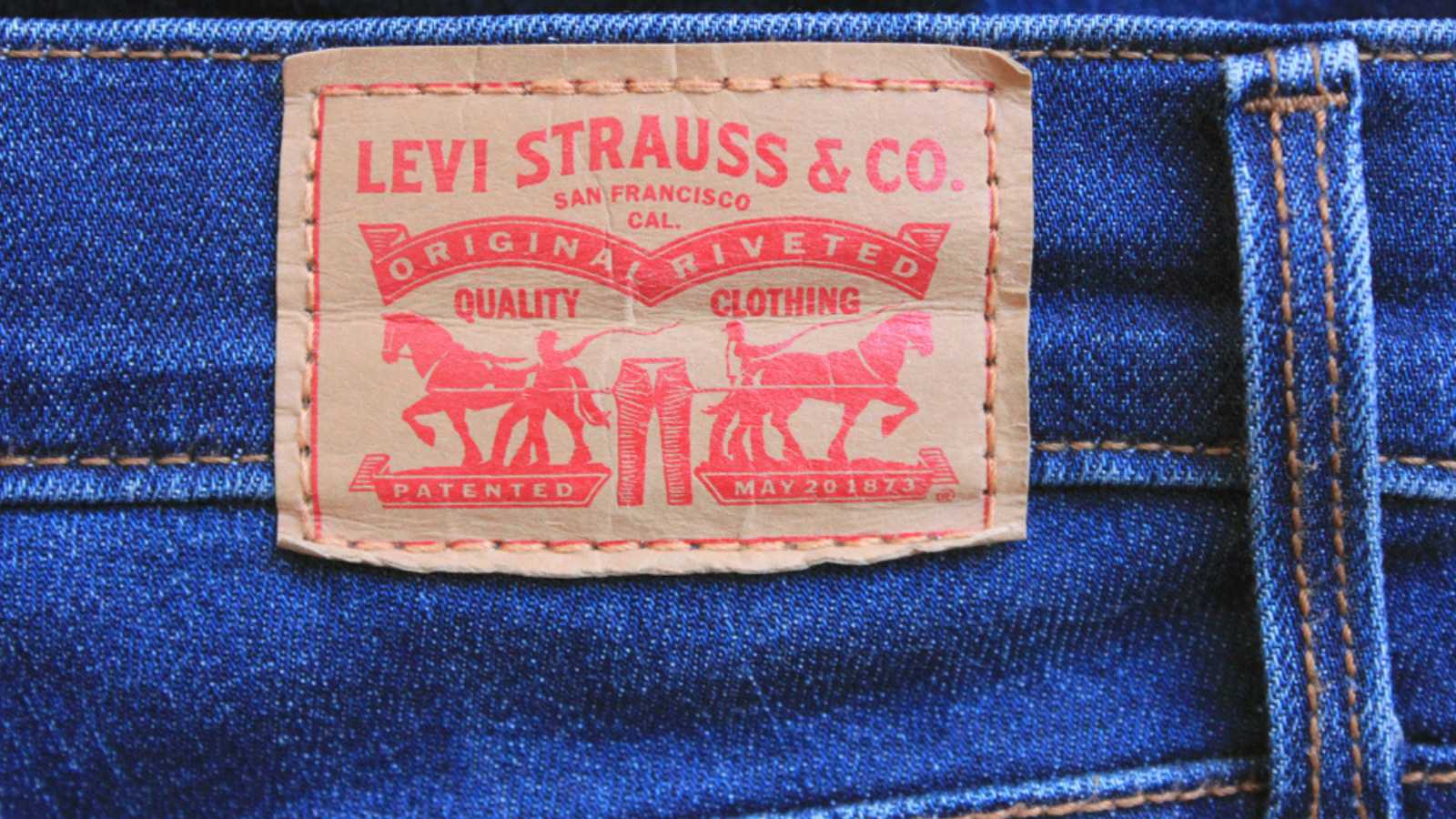 MOSCOW, RUSSIA - FEBRUARY 17, 2019: Levi's Denim Jeans Model with Leather Brand Label. Levi Strauss is an American Clothing Company, Selling Classic Vintage Denim Textured Jeans. Levis Jeans Top View