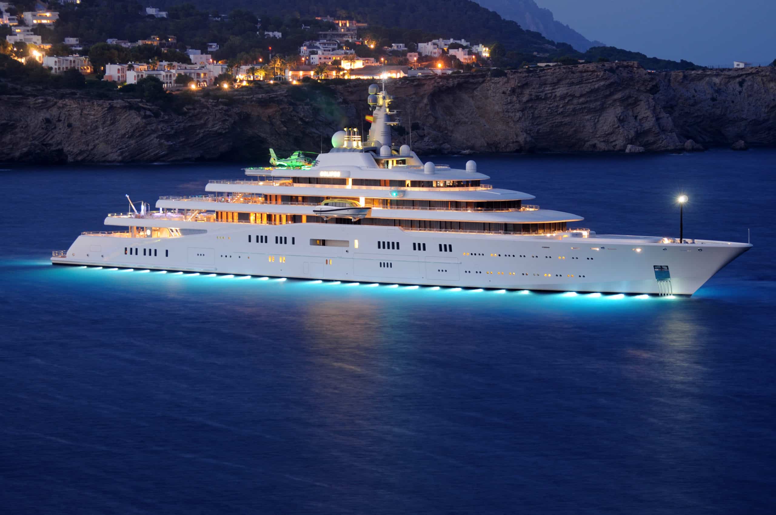Private White Luxury Superyacht Eclipse Anchored Off The Beach. Ibiza