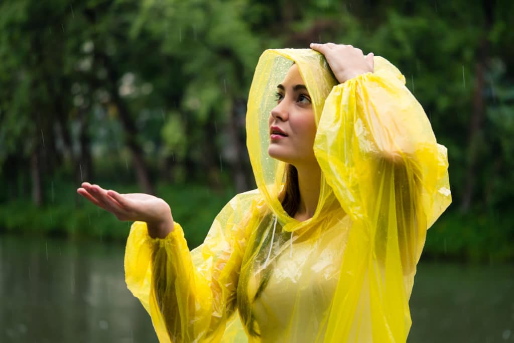 Young Beautiful Happy Woman In Yellow Raincoat Enjoying The Rain