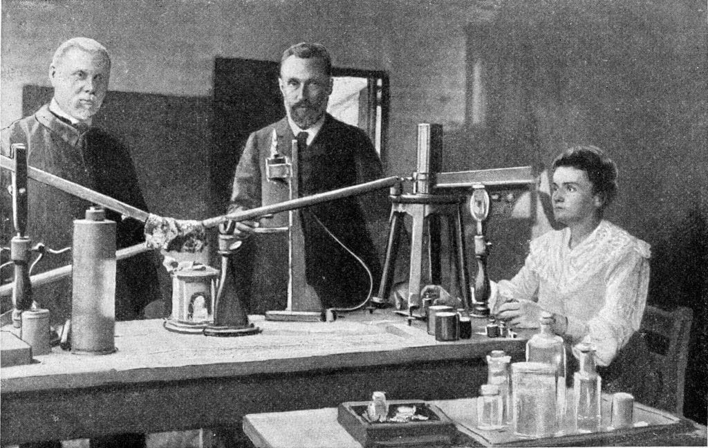 Mr And Mrs Curie In Their Laboratory Vintage Engraved Illustration.