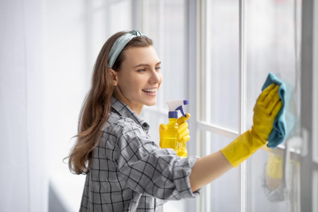 Portrait Of Young Pretty Lady In Rubber Gloves Cleaning Window