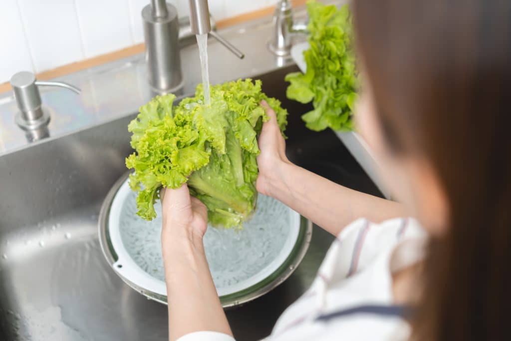 People Washing Raw Vegetables At Sink In The Kitchen Prepare
