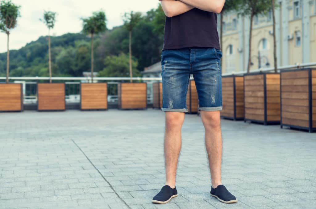 Close Up Of A Man's Legs In Denim Shorts. Jeans Clothes.