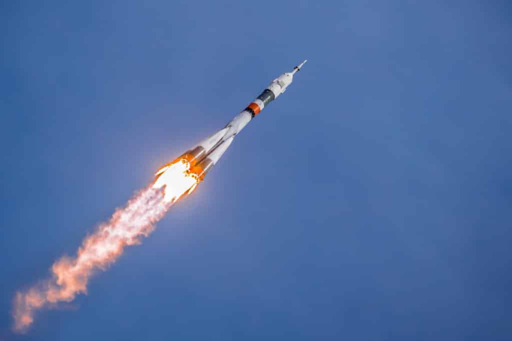 Real Rocket In Flight Launch Rocket From The Baikonur Cosmodrome 