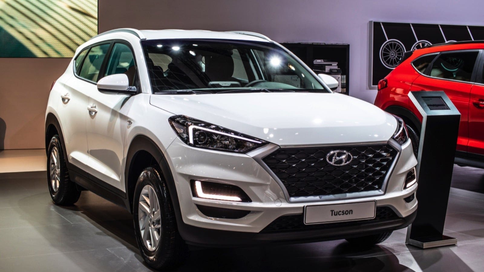 Brussels, Belgium, Jan 09, 2020: metallic white Hyundai Tucson at Brussels Motor Show, Third generation facelift, suv produced by Hyundai Motor Company