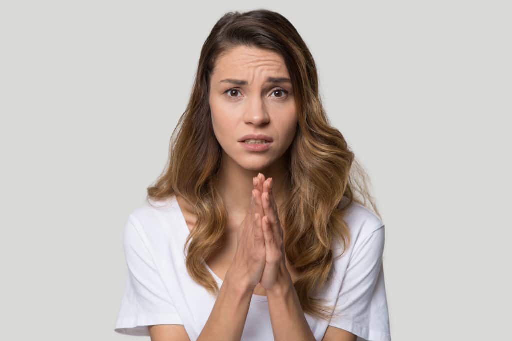 Head Shot Studio Portrait Millennial Woman Pose Over Grey Background