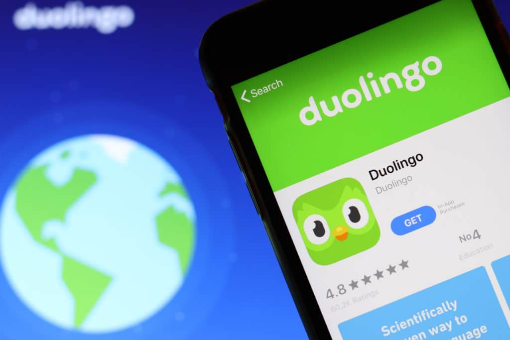 Mobile Phone With Duolingo Icon On Screen Close Up With