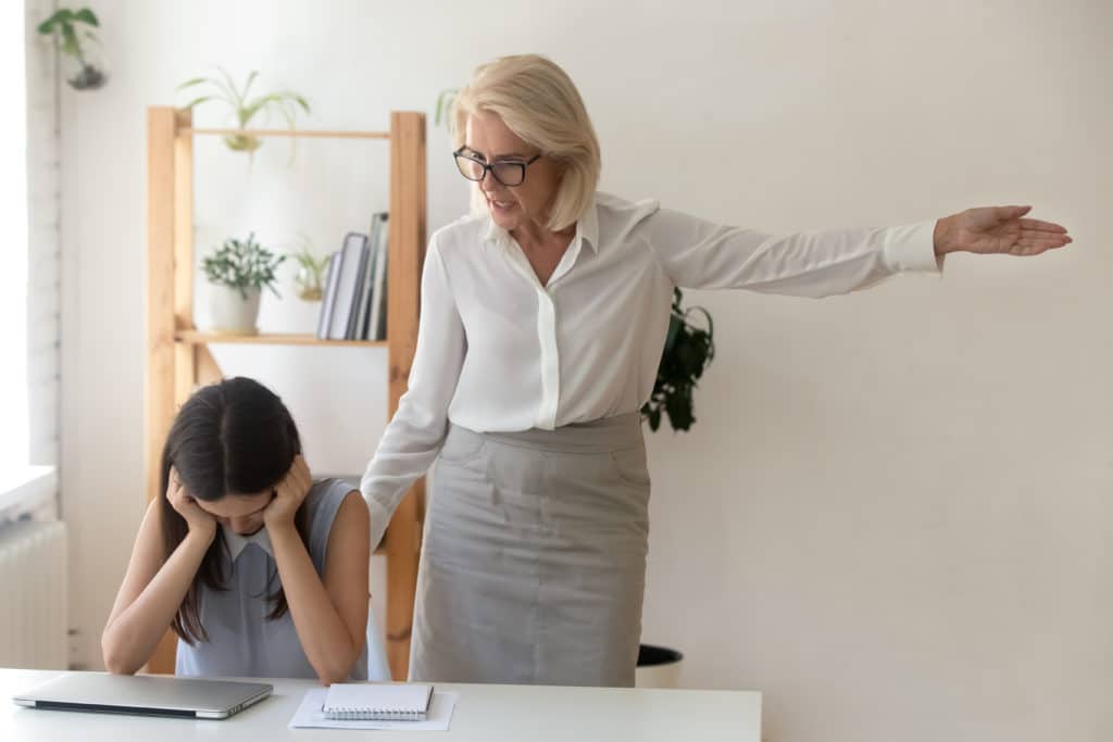 Angry Female Boss Dismissing Frustrated Girl Subordinate Annoyed Employer Telling