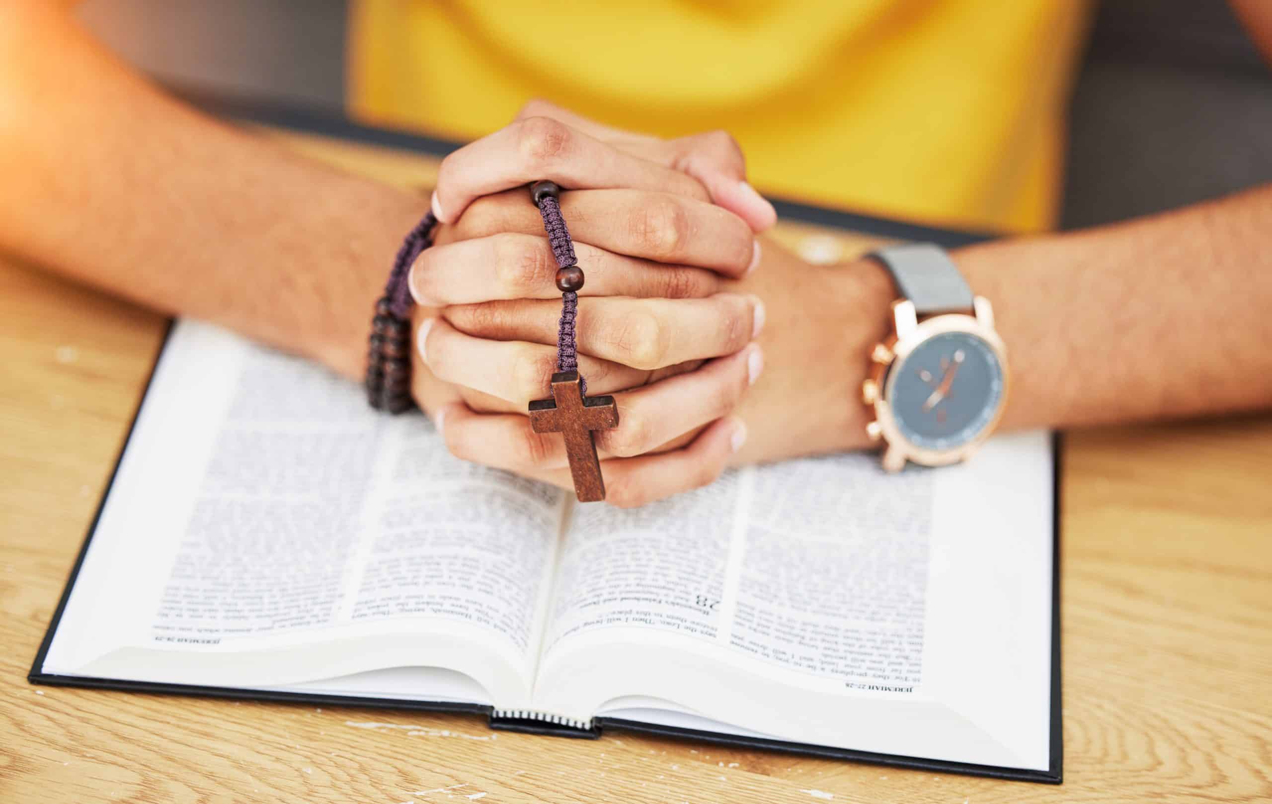 Prayer Peace And Bible With Hands Of Person In Living