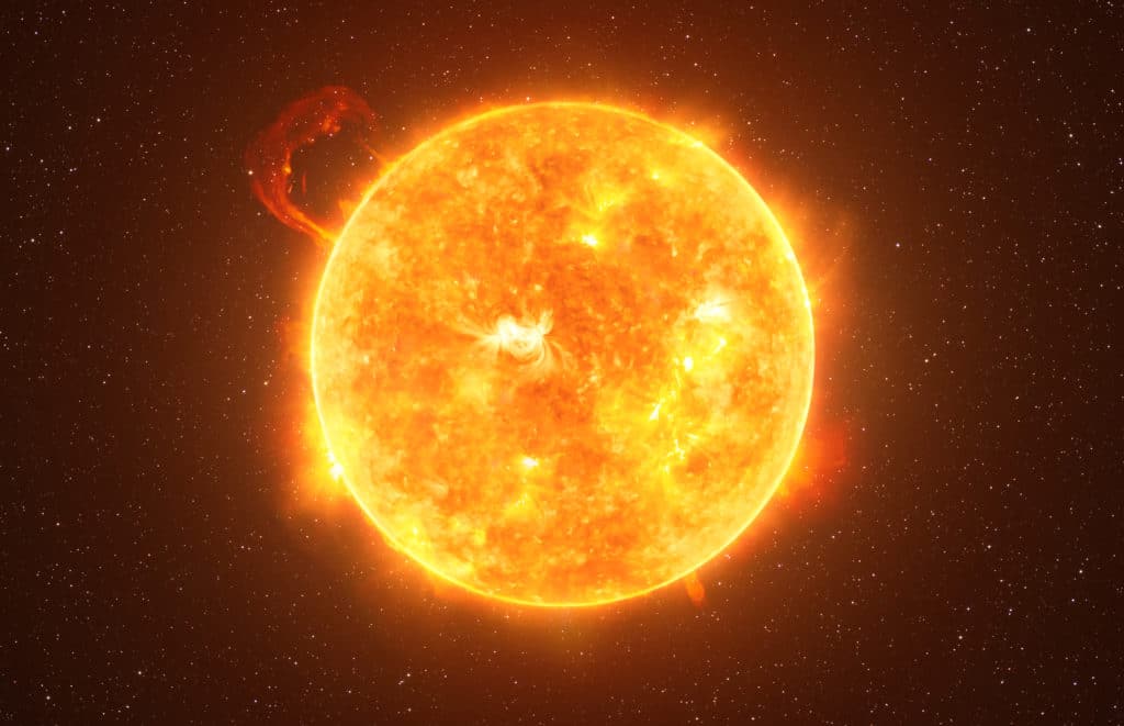 Bright Sun Against Dark Starry Sky In Solar System Elements