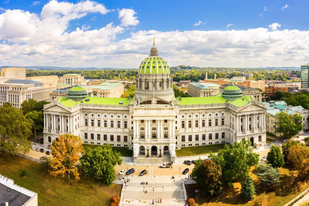Drone View Of The Pennsylvania State Capitol In Harrisburg. The