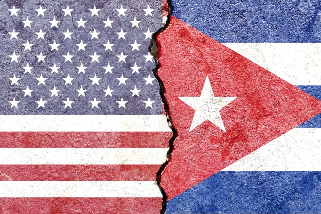 Us (united States) Vs Cuba National Flags On Broken Wall