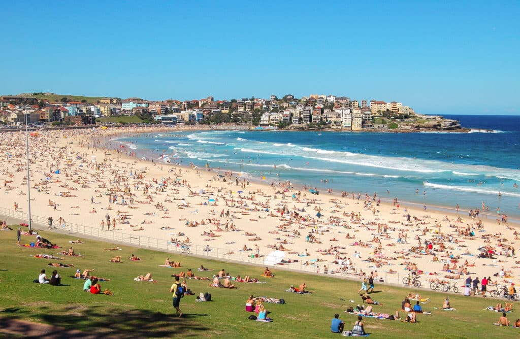 Sunbathers And Swimmers On The Bondi Beach In Sydney Australia