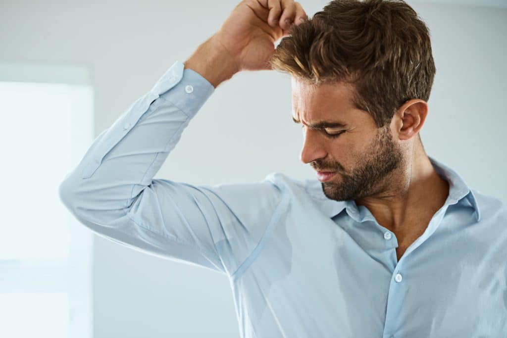 Shirt Stress With Man Smelling Armpit Sweat Stain And Indoors