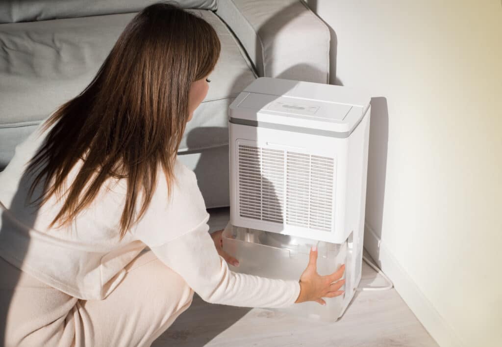 Woman Changing Water Container In Air Dryer Dehumidifier Humidity Indicator.