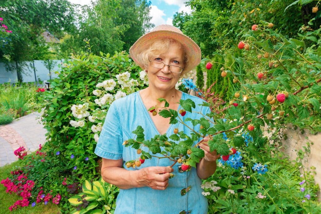 Cheerful Senior Lady In Glasses And A Hat Stands In